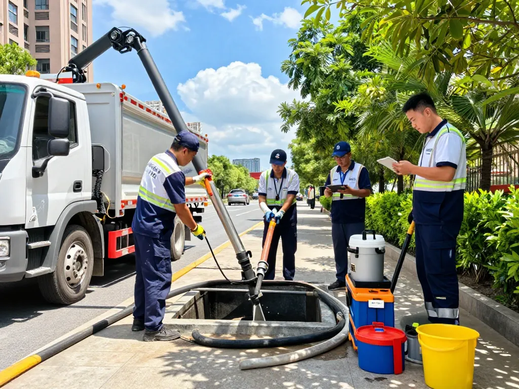 Limpa fossa em São Paulo, professional team performing septic tank cleaning service with advanced equipment in a bright urban setting.