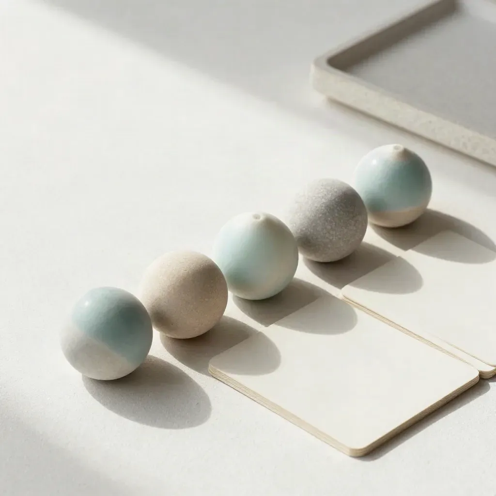 Tokens cerâmicos, pedras de contagem e cartões virados para baixo em diagonal minimalista.