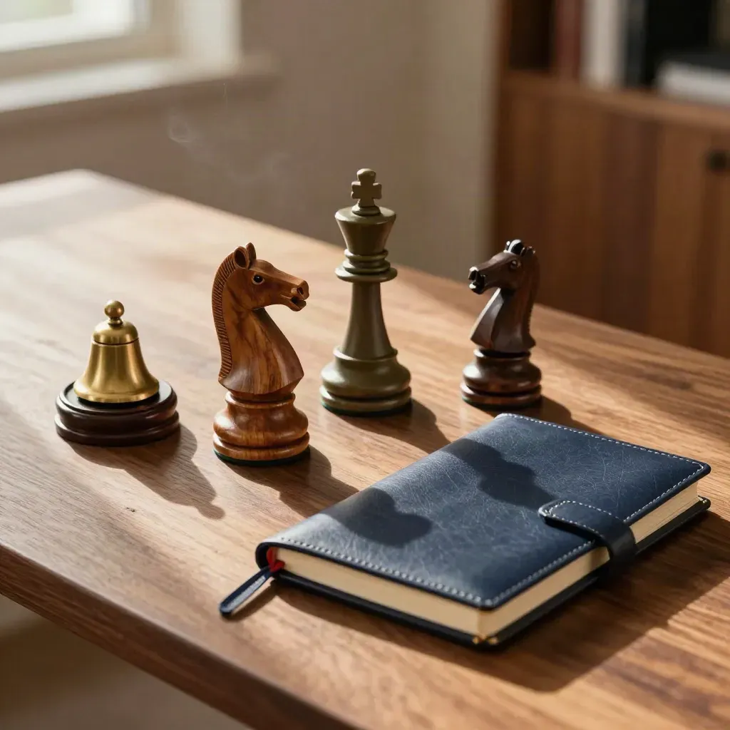 Mesa de mentoria com cavalo de xadrez, sino de latão e caderno fechado.