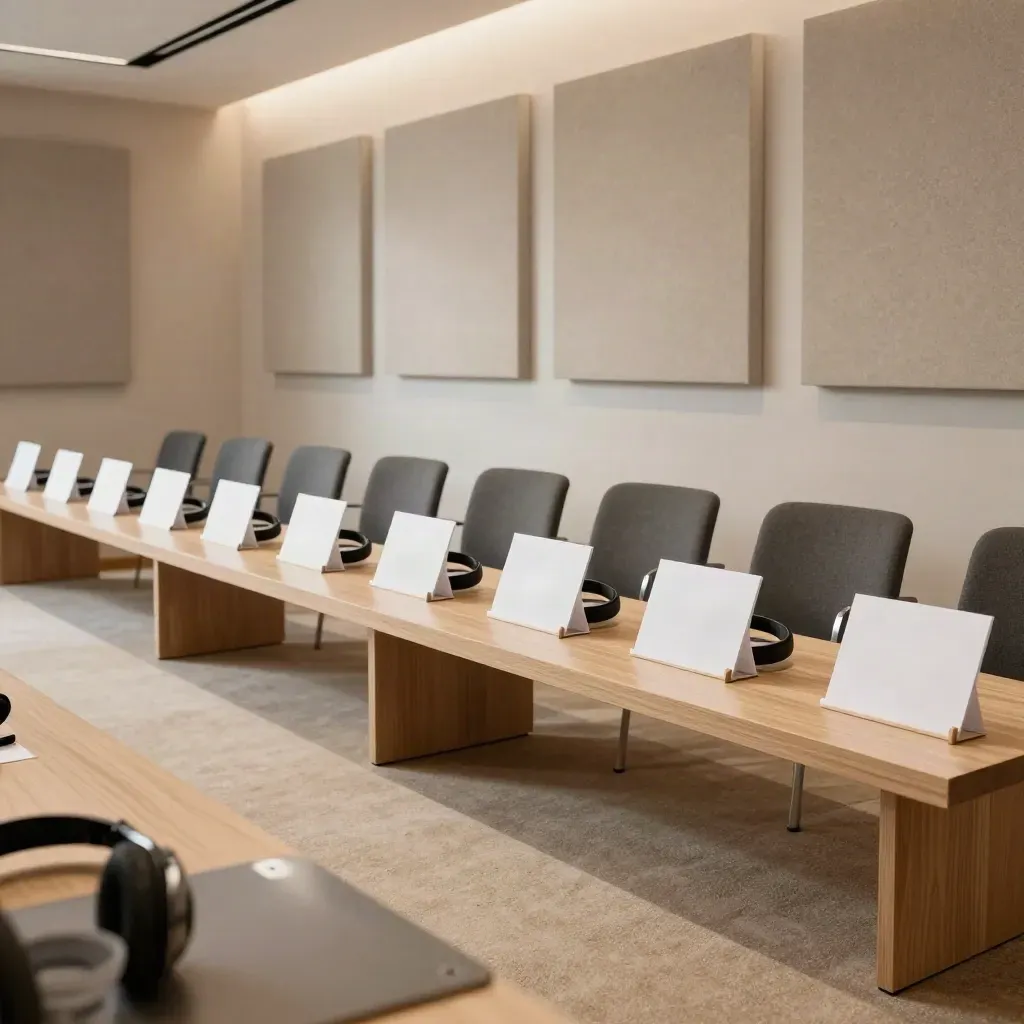 Sala de coaching pronta, com cartões brancos, fones enrolados, cadeiras alinhadas e painéis acústicos.