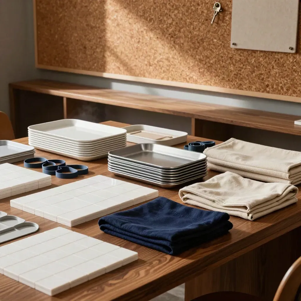 Kit de facilitação com tiles magnéticos, elásticos, capas e bandejas em sala preparada.