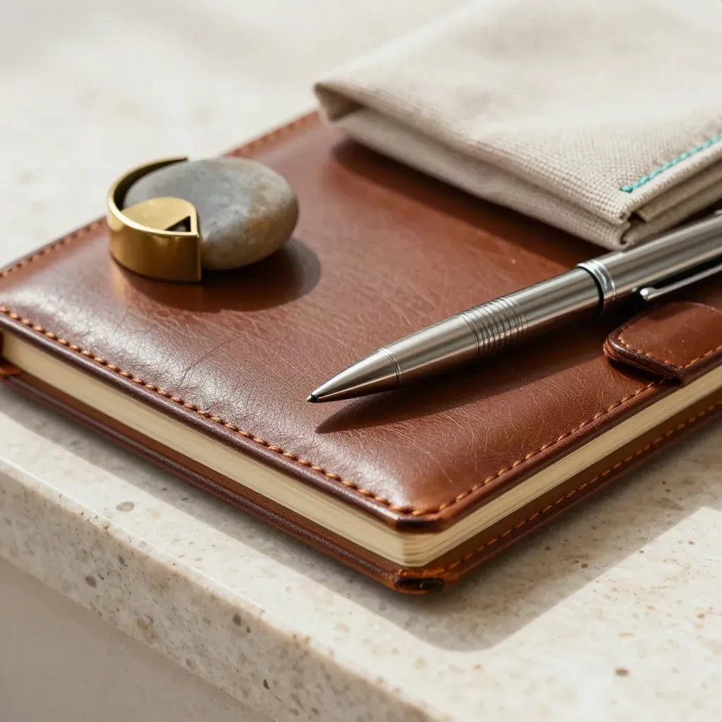 Kit de coaching executivo com caderno de couro, caneta metálica e peso de latão.