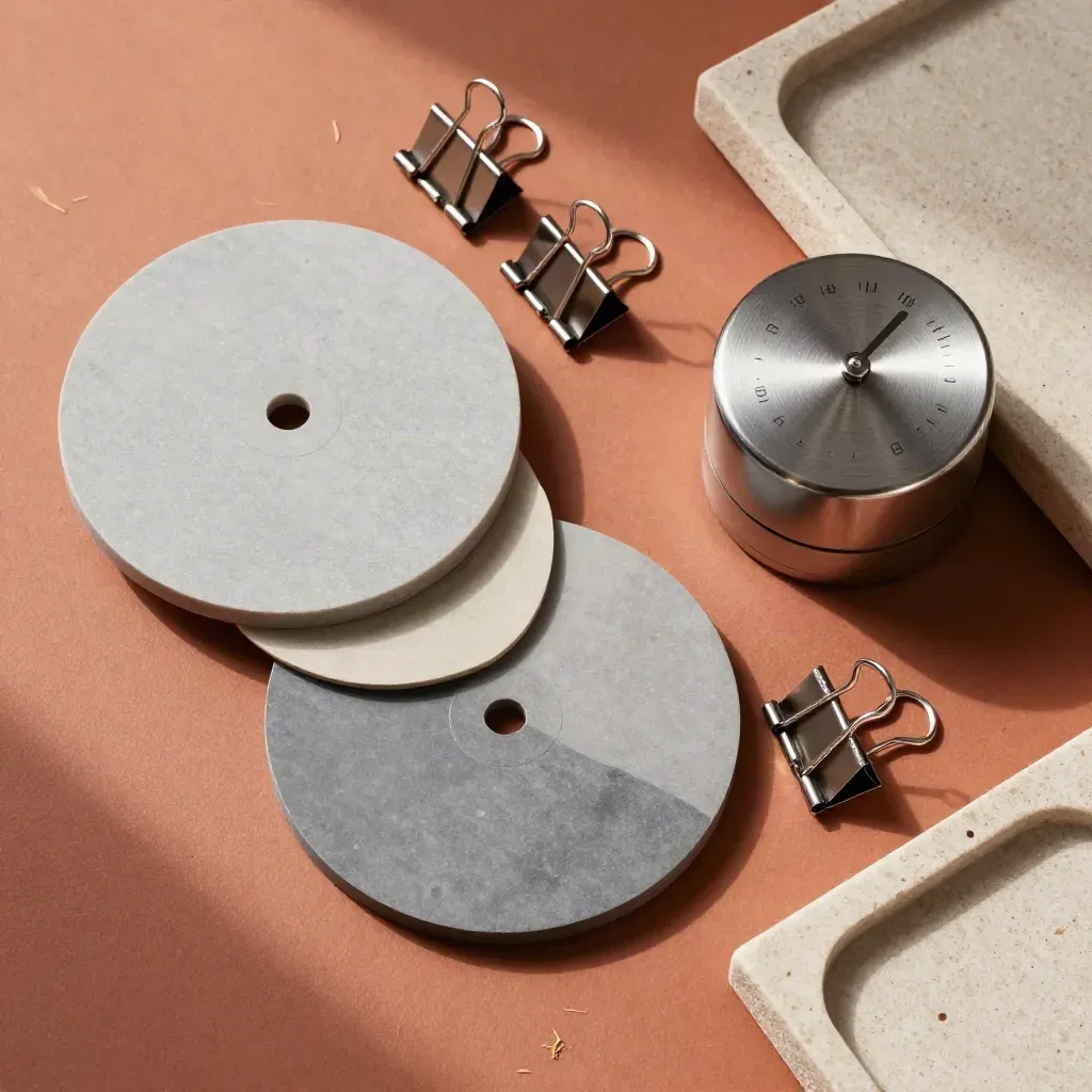 Kit de produtividade visto de cima, com discos modulares, timer e bandeja de pedra.