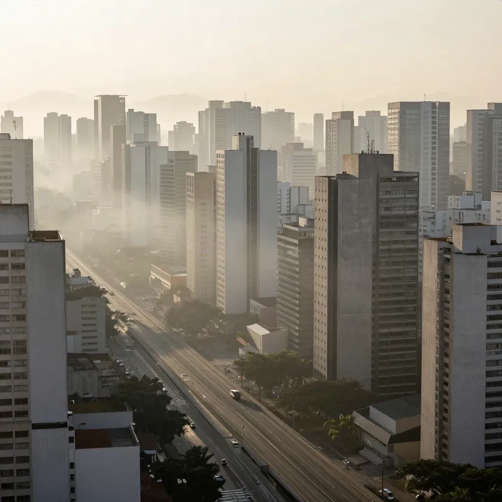 Horizonte de São Paulo em névoa suave, prédios altos e concreto difuso abaixo.