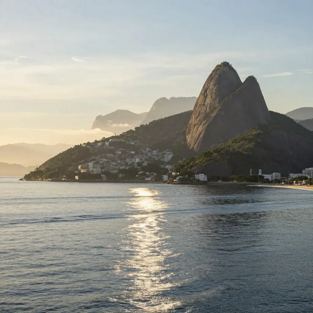 Baía de Guanabara ao amanhecer com o Pão de Açúcar alto e água leitosa em luz dourada.