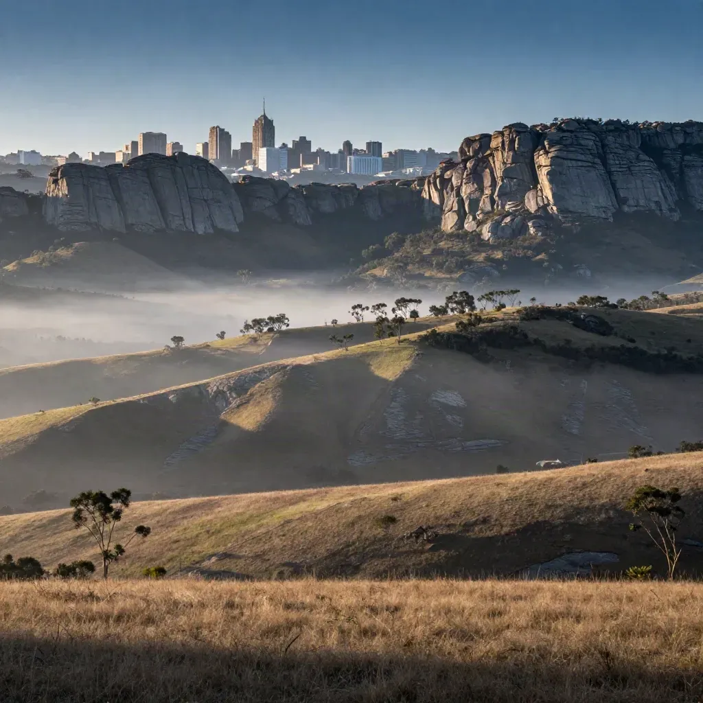 Serra de Minas ao amanhecer, com neblina e Belo Horizonte ao fundo.