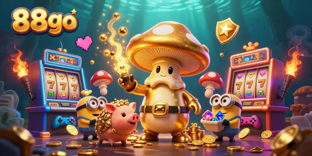 Experience the magic of 88go with a dazzling scene of a golden mushroom wizard and slot machines.