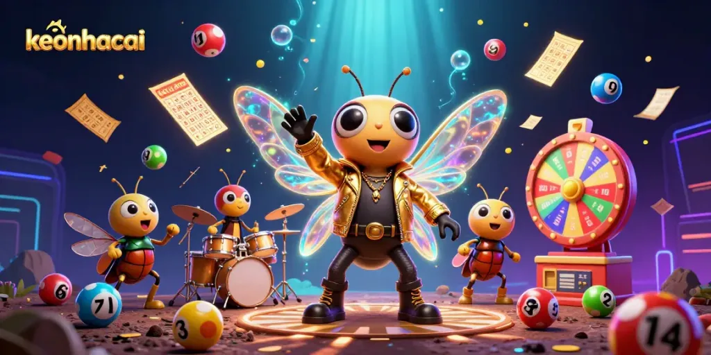 Engage in vibrant keonhacai-themed lottery illustrations with a buzzing rock star cicada and dynamic prize elements.