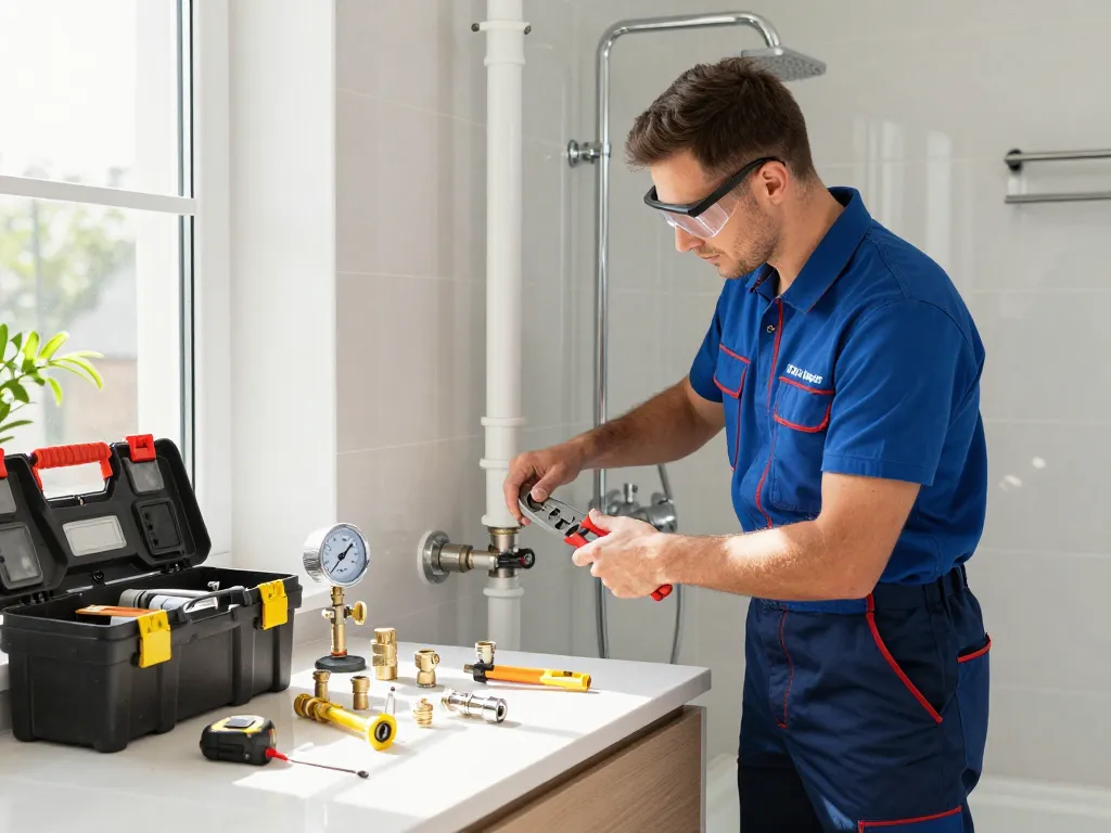 Professional plumber installing PEX piping in São Paulo bathroom, showcasing expertise in home plumbing.