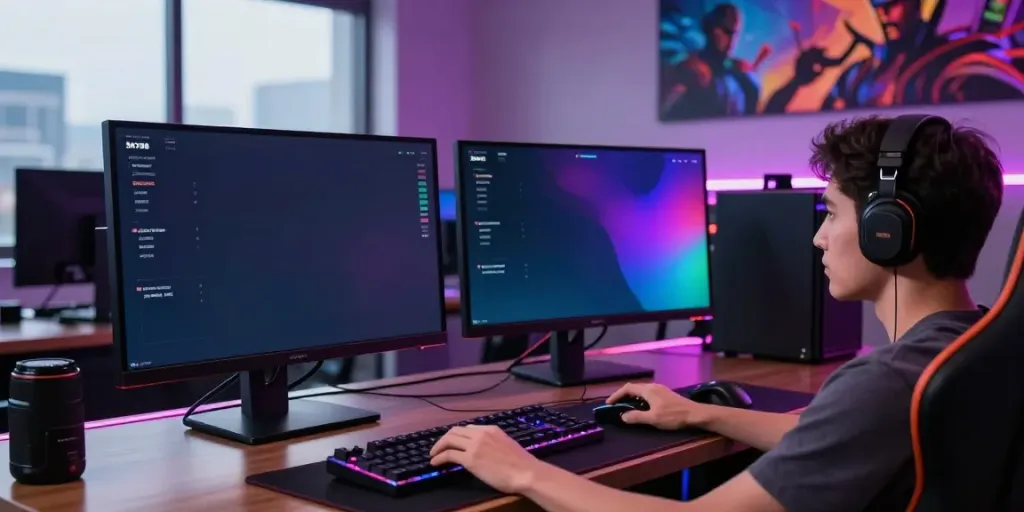 Engaged user at a modern gaming setup exploring SKY88 platform.