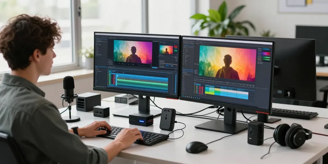 Baixar video mp4 enquanto jovem profissional edita vídeo em ambiente moderno de trabalho