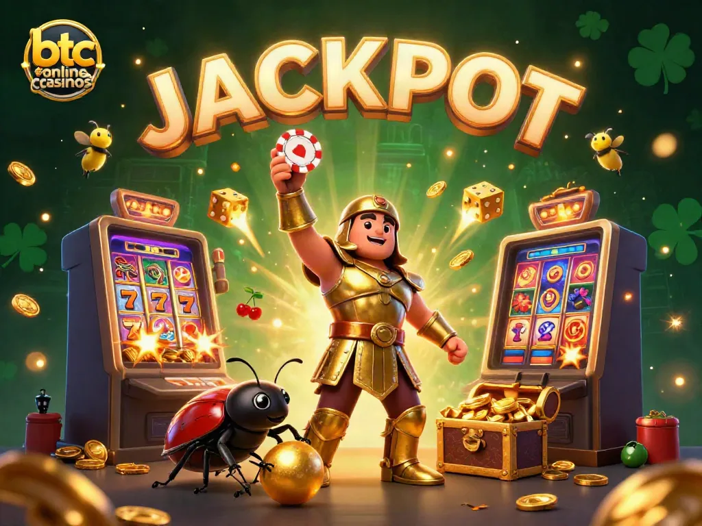 Experience btc online casinos with a victorious hercules beetle amidst jackpot elements and fireworks.