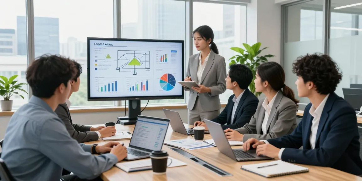 Equipe da empresa de terceirização de mão de obra discutindo projeto logístico em escritório moderno.