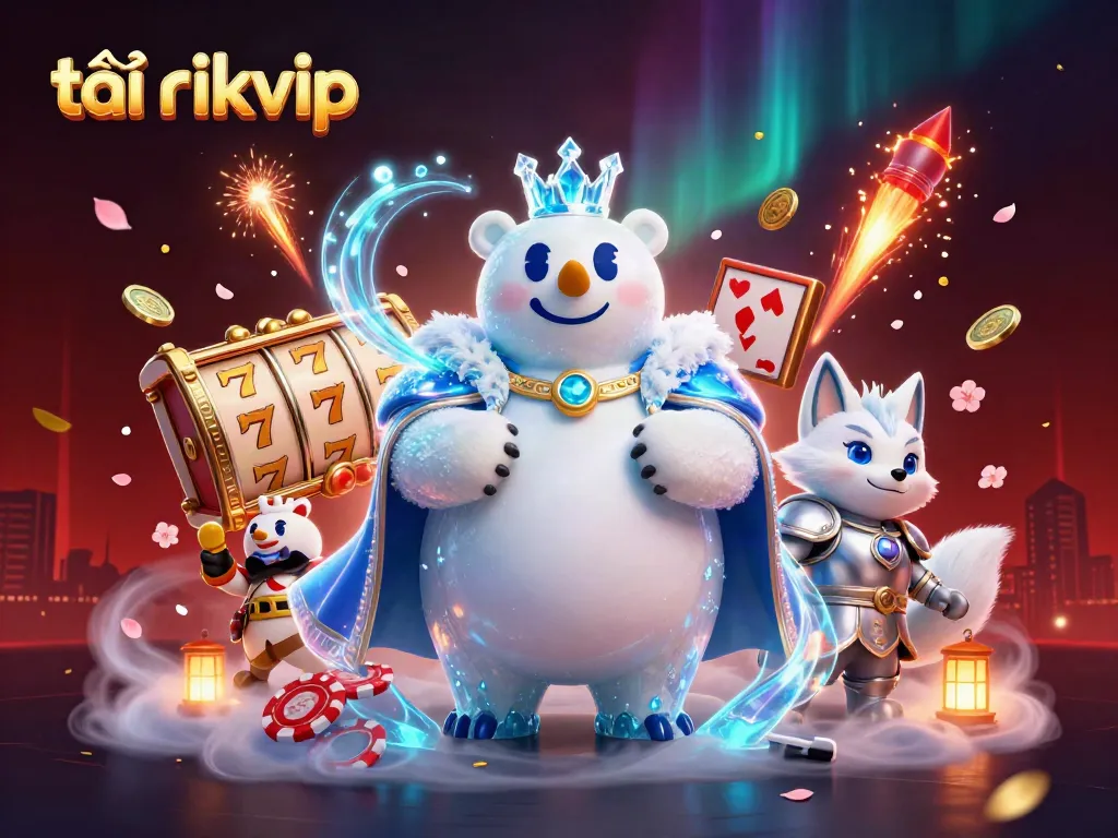 Play exciting games at tải rikvip with a vibrant 3D illustration of casino elements and characters.