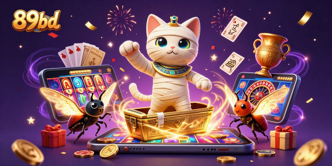 Engage with the energetic casino scene featuring 89bd with a mummy cat, scarab, and spinning slot reels.