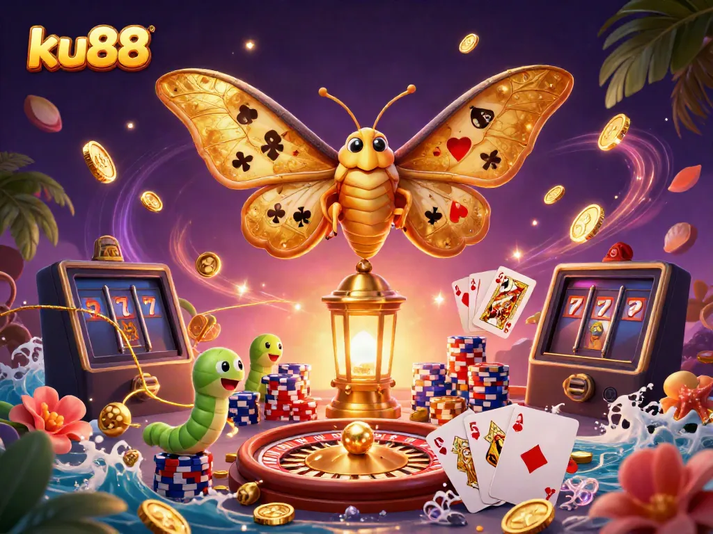 Experience thrilling wins with ku88 as a golden moth guides you through a vibrant casino adventure.
