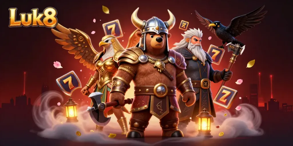 Luk8 engages players with a dynamic scene featuring a Viking bear and Valkyrie in an exciting casino environment.