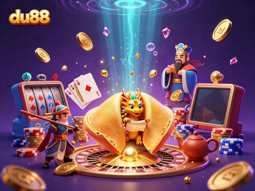 Experience thrilling moments with du88's golden gaming adventures in a vibrant 3D scene.