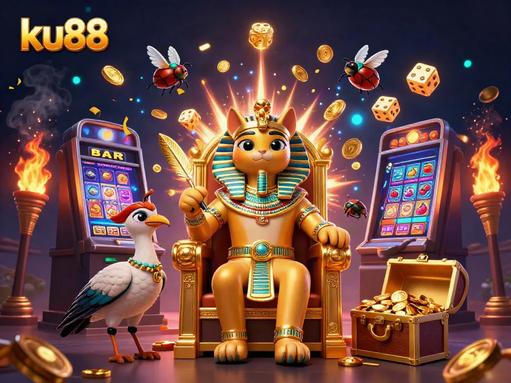 Experience exciting gameplay with ku88 in a vibrant 3D casino illustration featuring unique characters and elements.