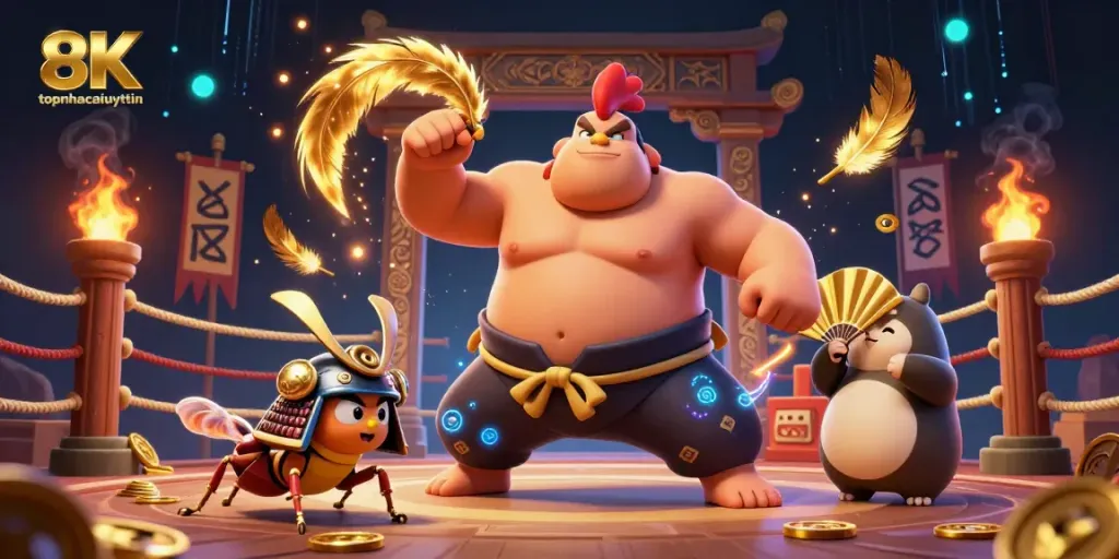 topnhacaiuytin showcases a vibrant gambling scene with a sumo wrestler and dynamic elements, enhancing the gaming experience.