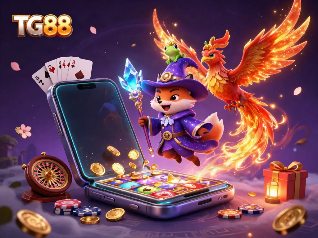 Experience the charm of TG88 with vibrant characters and dynamic gaming elements in this lively casino-themed illustration.