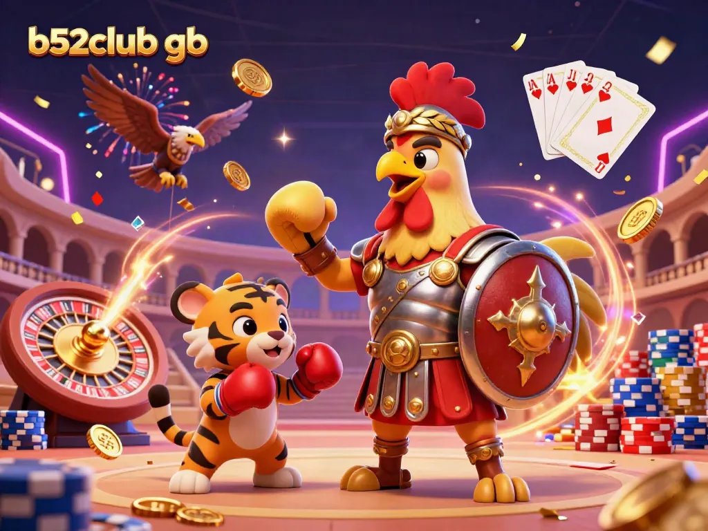 Experience the thrill of b52club gb with a dynamic scene featuring a gladiator rooster and casino elements.