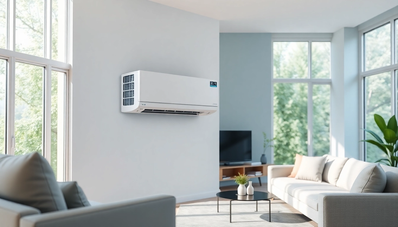 View of a modern mini split ac installed stylishly in a contemporary living room.