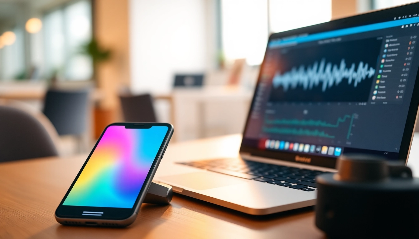 Capture call recording process with smartphone and laptop in a modern office setting