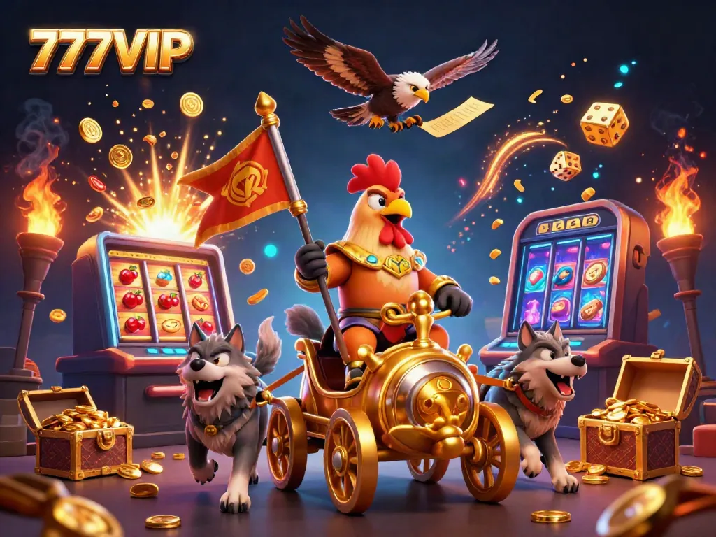 Experience the excitement of 777VIP with a thrilling 3D illustration featuring a rooster warlord and a jackpot explosion.