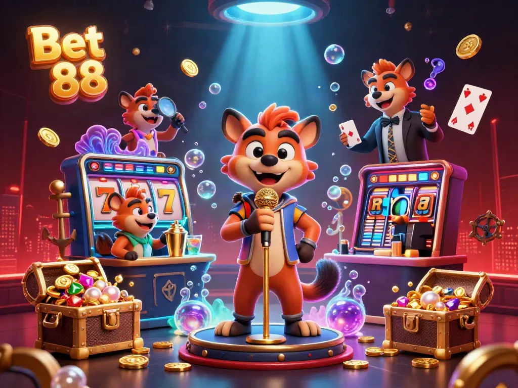 Experience the lively Bet 88 casino scene with hyenas entertaining and vibrant gaming elements.