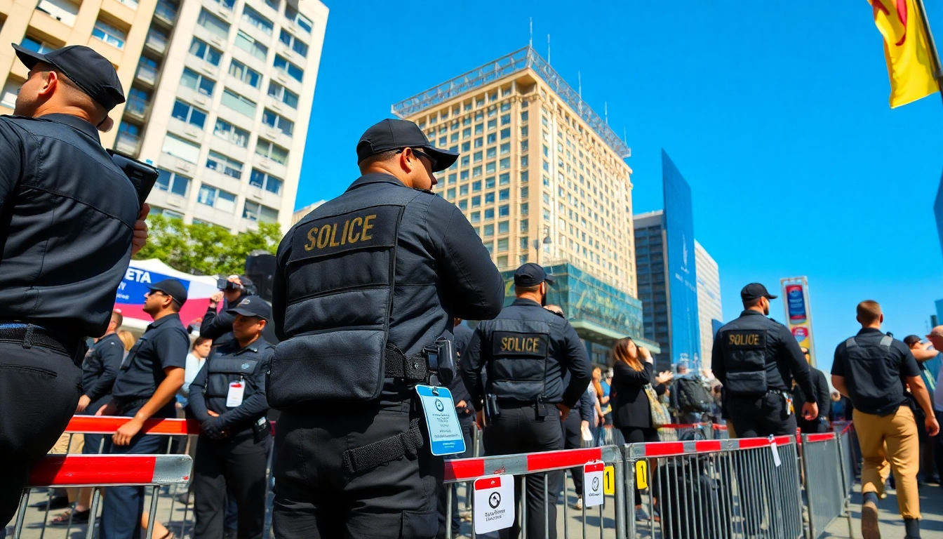 Event Security team maintaining safety in a vibrant outdoor setting with engaged attendees.