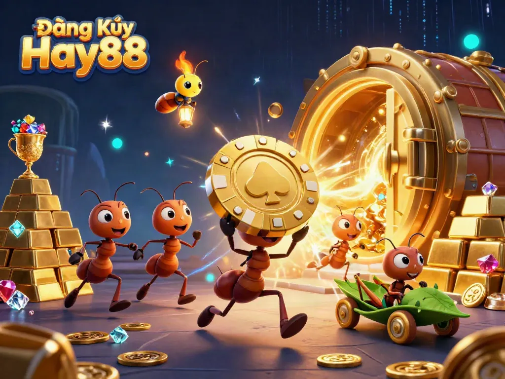 Join the adventure with Đăng Ký Hay88 as ants carry a giant poker chip in an exciting casino heist scene.