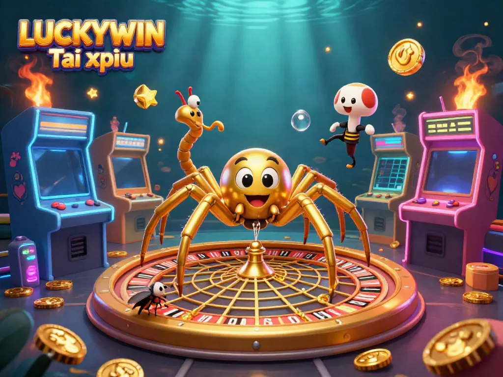 Spin the reels with LUCKYWIN Tài xỉu, featuring a golden spider, fly, and centipede croupier in a vibrant casino scene.