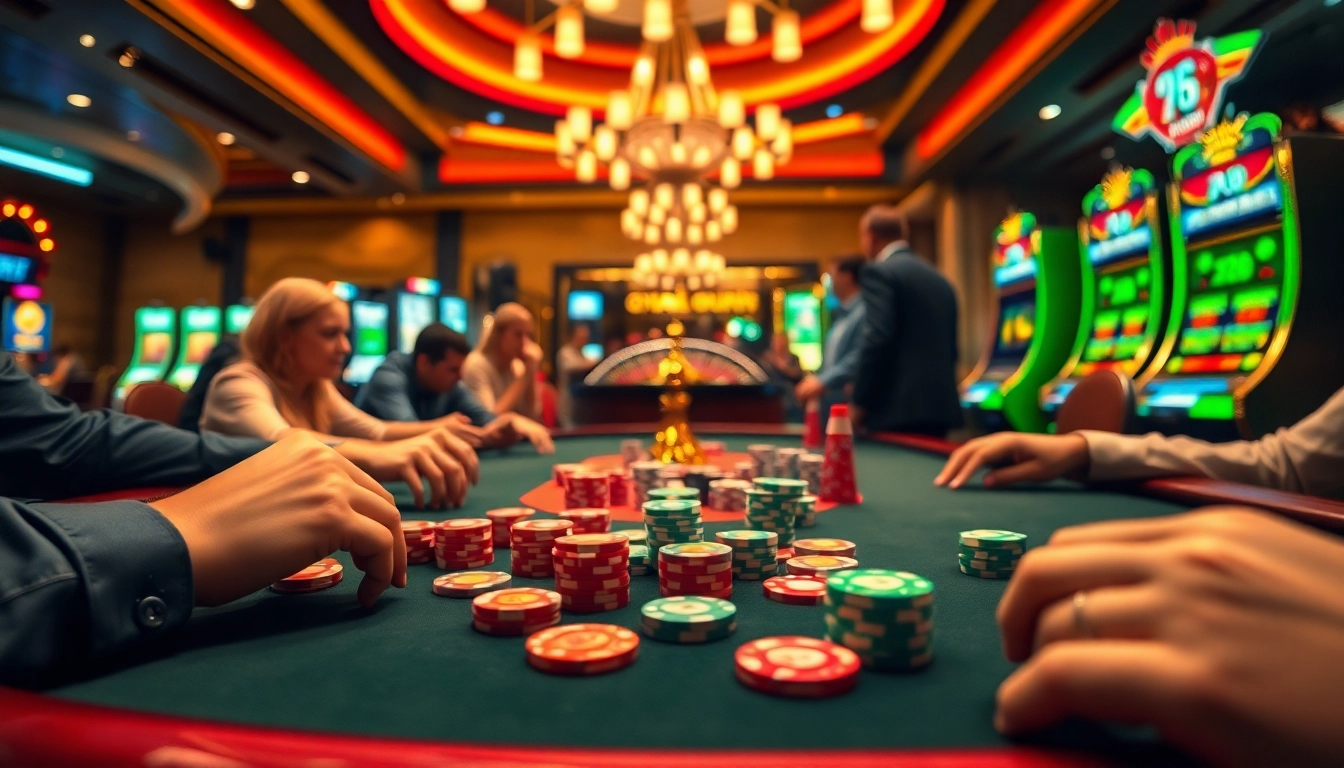 Engaged players at 58 WIN poker table, creating excitement in a vibrant casino environment.