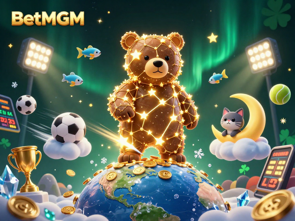 BetMGM players winning coins from the celestial bear and cat in a vibrant casino sky.