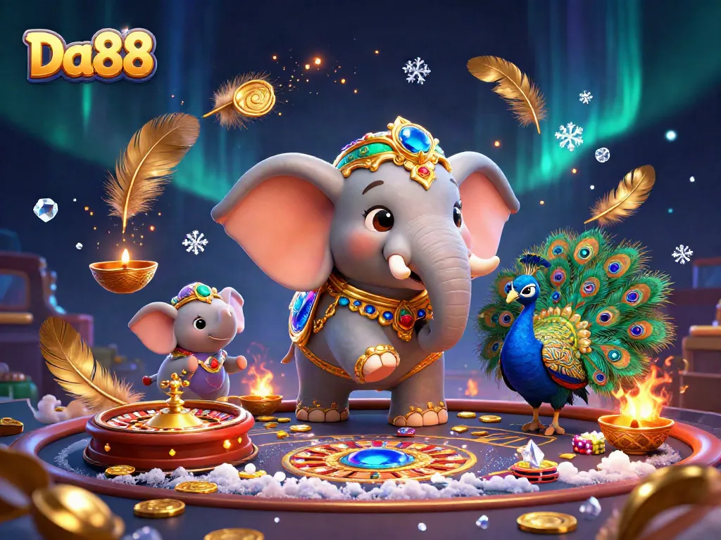 Experience Da88’s vibrant casino atmosphere with a colorful scene filled with game elements and characters.