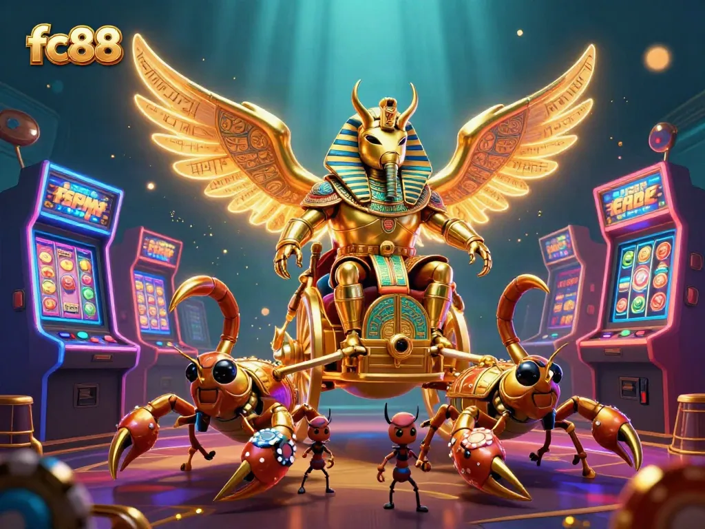 Experience the thrilling energy of fc88 with a golden scarab and scorpions in a vibrant casino world.