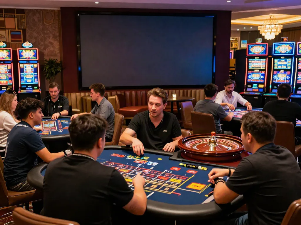 Engaged players in a lively casino atmosphere at https://uk88win.org/ showcasing diverse gaming options and vibrant decor.