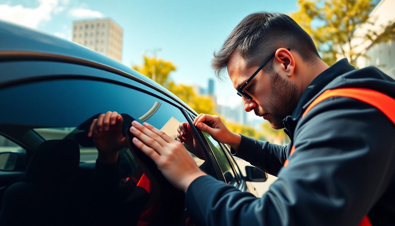 Installing window tint near me in a professional urban setting for a sleek car.