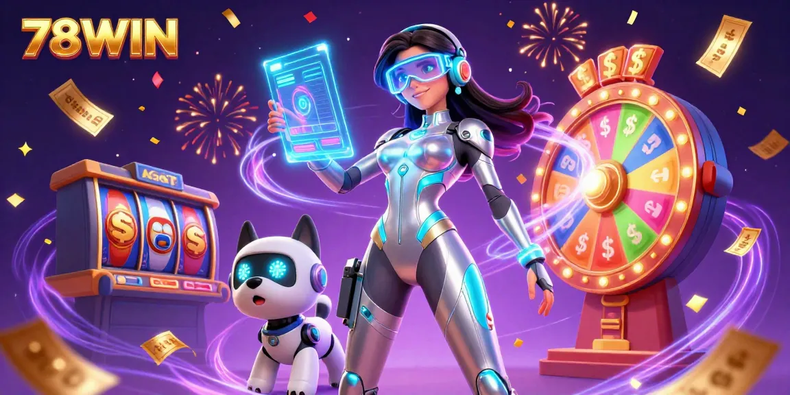Win big at 78WIN with a futuristic gaming scene featuring slots and prizes.