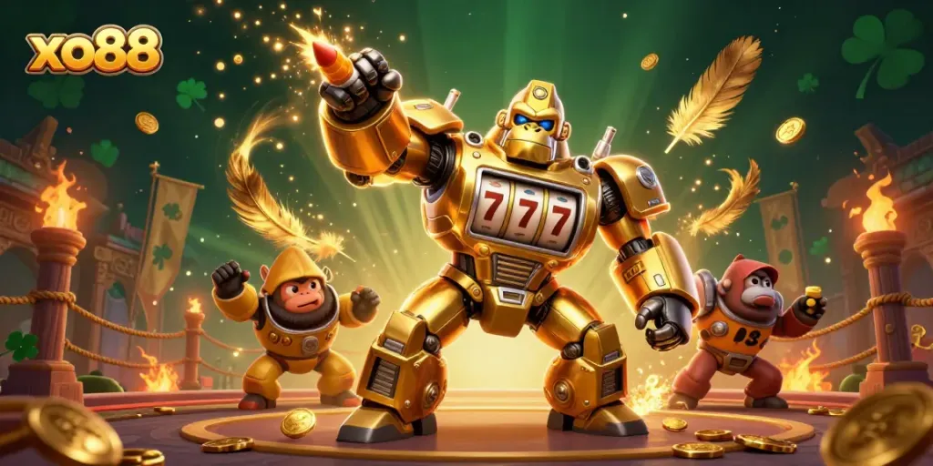 Experience thrilling action at xo88 with a dynamic golden gorilla mech and exciting casino elements.