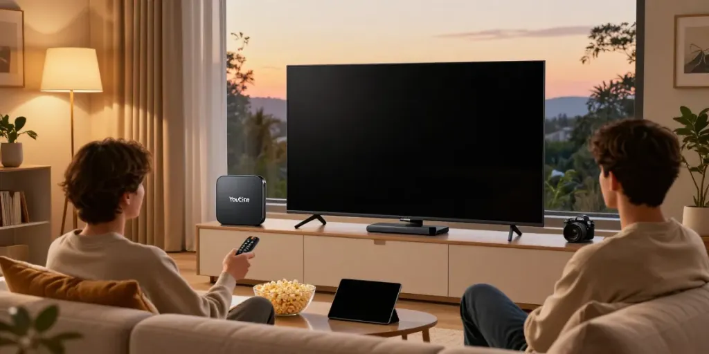 Usuário assistindo conteúdo no Youcine TV Box em uma sala de estar moderna e aconchegante.