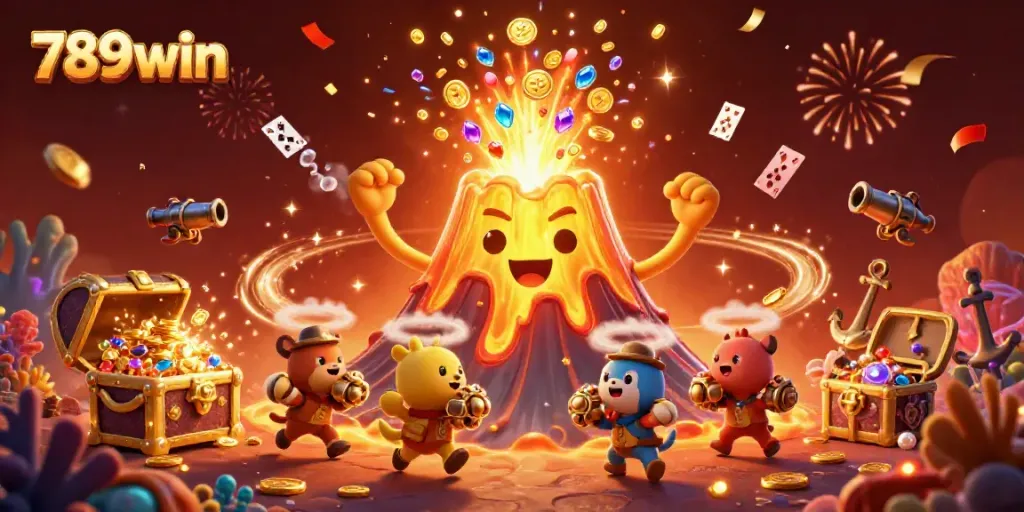 Experience the excitement of 789win with a golden volcano erupting treasure amidst a casino celebration.