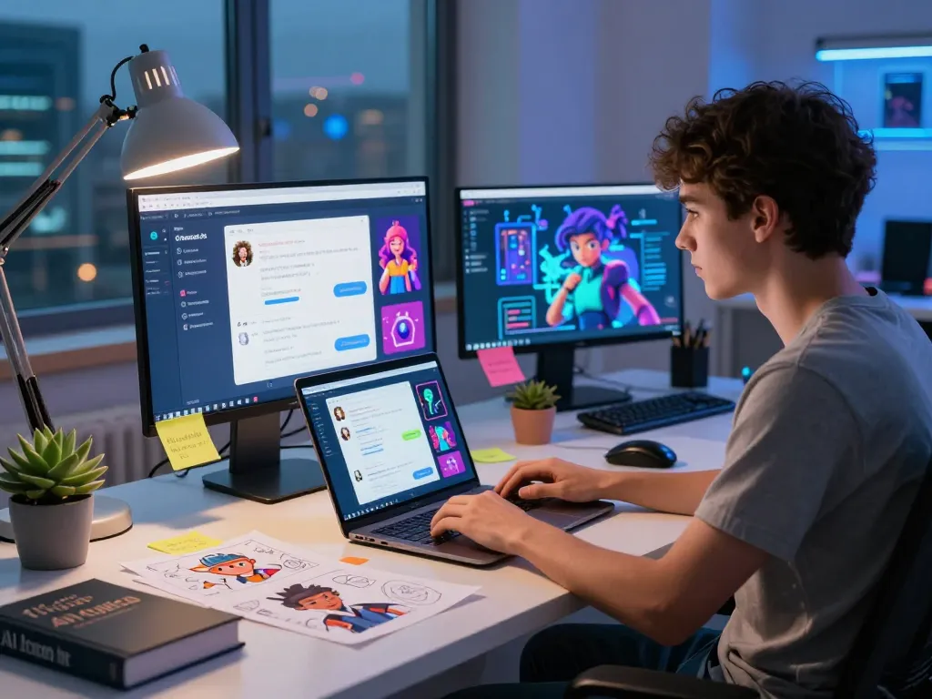 Developer creating AI characters in a vibrant workspace, showcasing crush on ai platform features.