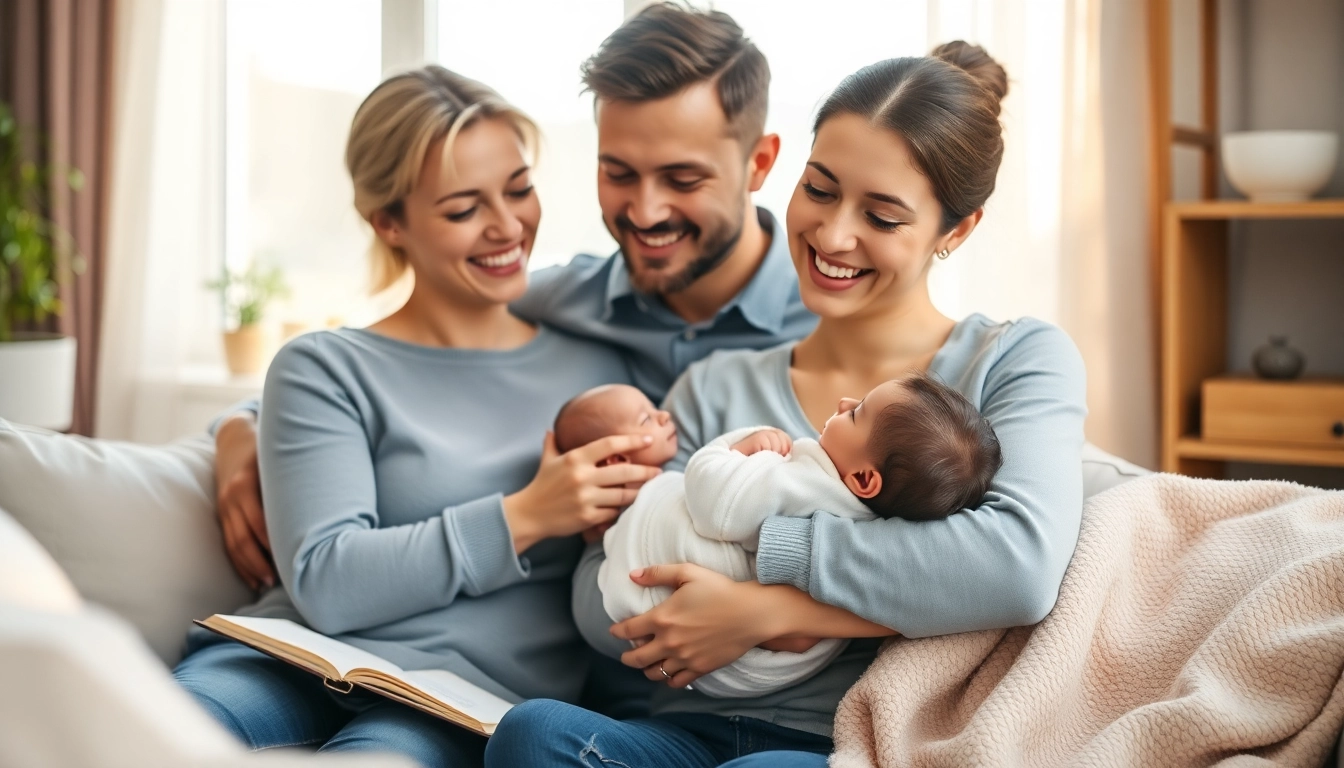 Family with new bornbaby enjoying quality time in a cozy living room, radiating love and joy.