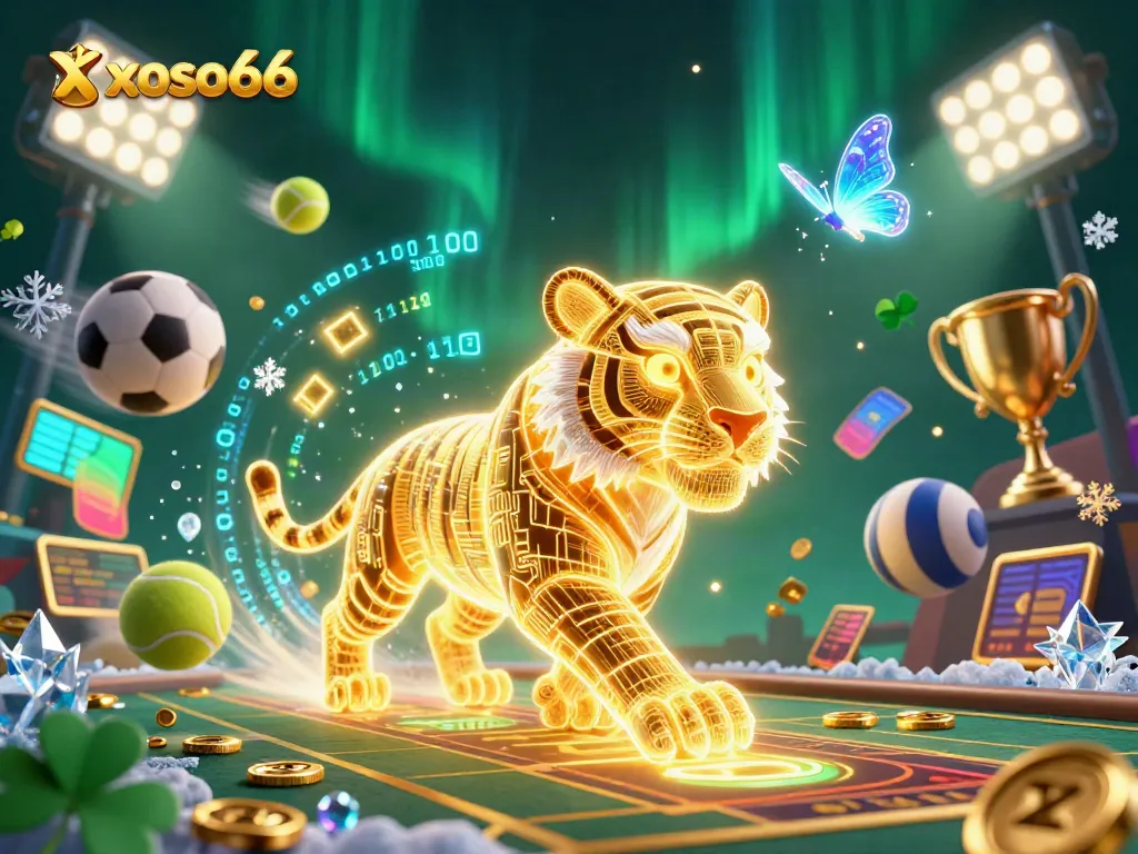 Experience thrilling wins at xoso66 with a neon golden tiger amidst sports betting elements in a vibrant 3D casino.