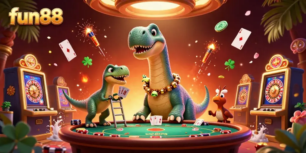 Fun88 casino scene featuring a giant brontosaurus, raptor card dealer, and dynamic gaming elements.
