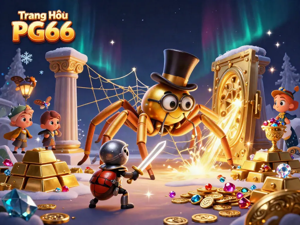 Engage in fun at Trang Chủ PG66 with a vibrant 3D illustration showcasing a giant golden tarantula weaving its web in a casino environment.