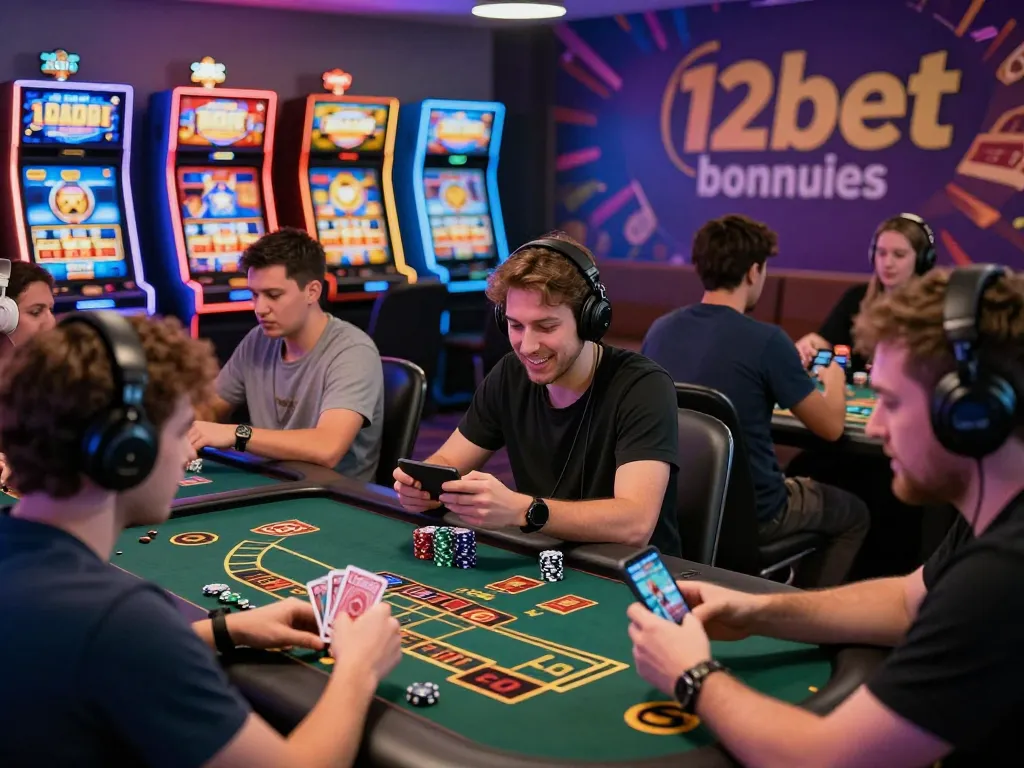 Players engaged in thrilling gaming on the 12bet platform, vibrant casino atmosphere.