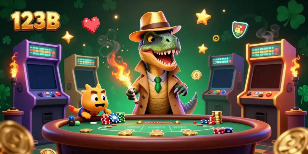 Experience thrilling gameplay at 123B with a cartoon velociraptor card counter and casino elements.